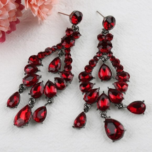Prom Pageant Bridal Jewelry - Red Crystal Prom Pageant Bridal Chandelier Earring